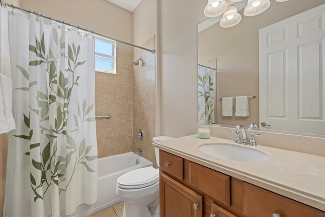 bathroom featuring tile patterned flooring, toilet, vanity, and shower / bath combination with curtain