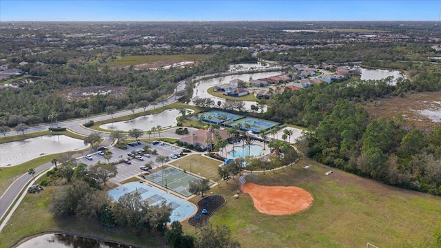 birds eye view of property featuring a water view