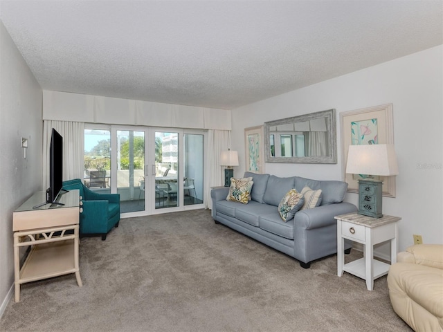 carpeted living area featuring a textured ceiling