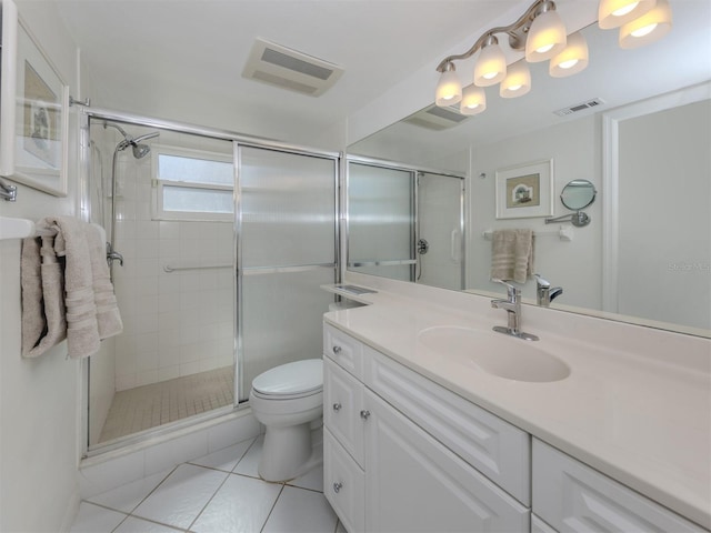 full bathroom featuring visible vents, a shower stall, and toilet