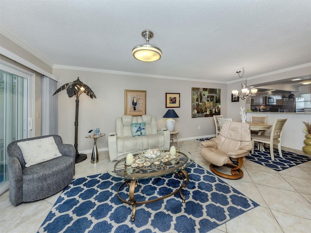 tiled living area with baseboards, a textured ceiling, an inviting chandelier, and ornamental molding
