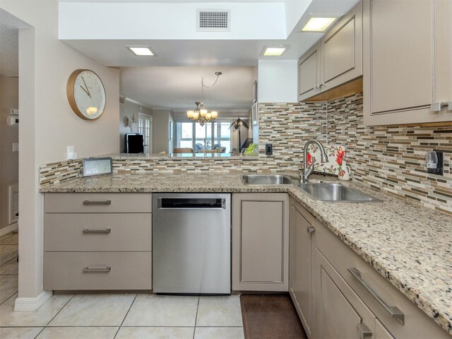 kitchen featuring a sink, visible vents, backsplash, and dishwasher