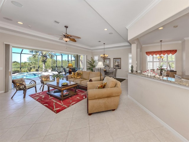 living room with recessed lighting, visible vents, baseboards, and crown molding