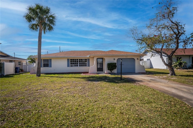 single story home featuring concrete driveway, fence, a garage, and stucco siding