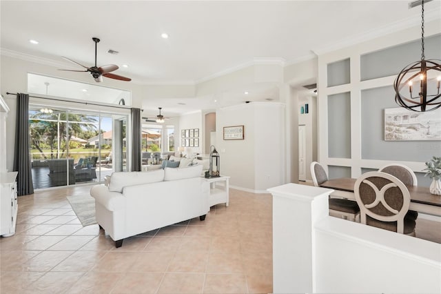 living room featuring visible vents, ornamental molding, ceiling fan with notable chandelier, recessed lighting, and light tile patterned flooring