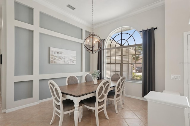 dining space featuring light tile patterned floors, visible vents, ornamental molding, a notable chandelier, and a wealth of natural light