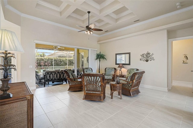 living room featuring light tile patterned floors, baseboards, coffered ceiling, a high ceiling, and ceiling fan