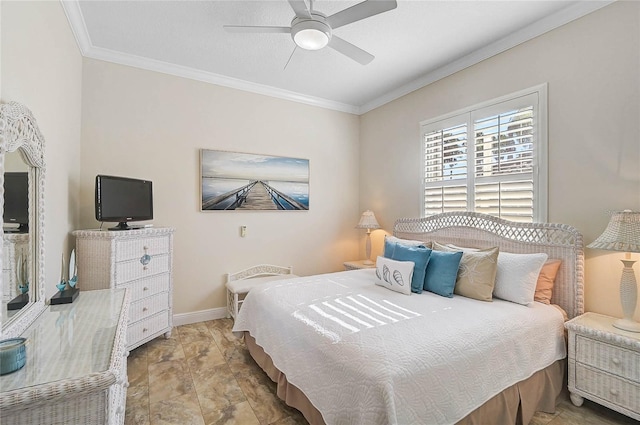 bedroom with crown molding, a ceiling fan, and baseboards