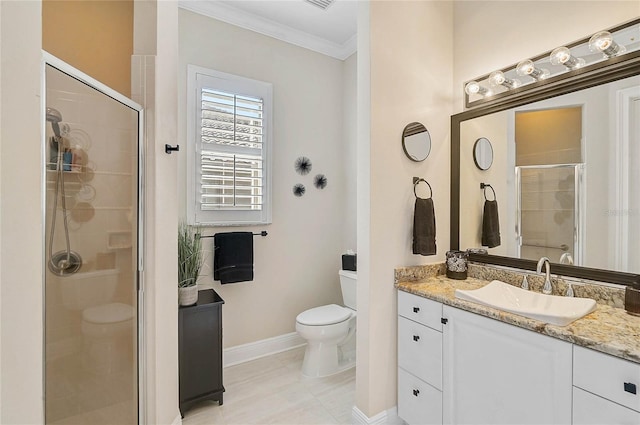 full bathroom featuring baseboards, toilet, ornamental molding, a stall shower, and vanity