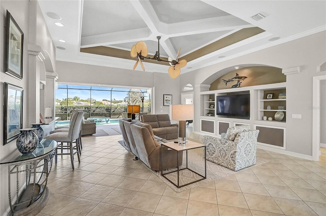 living area featuring visible vents, built in shelves, crown molding, light tile patterned floors, and coffered ceiling