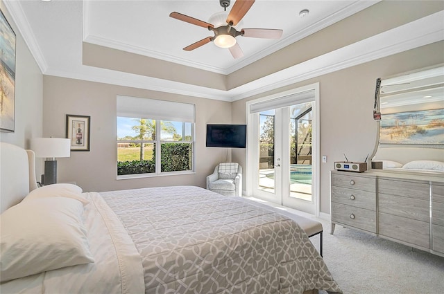 carpeted bedroom featuring french doors, crown molding, a ceiling fan, and access to outside