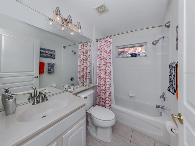 full bath with vanity, visible vents, tile patterned flooring, toilet, and shower / tub combo with curtain