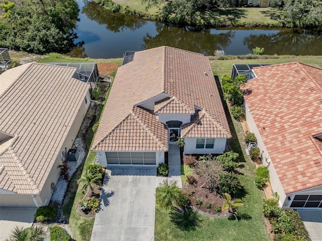 aerial view featuring a water view