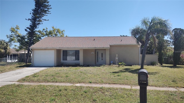 ranch-style home with stucco siding, driveway, fence, an attached garage, and a front yard