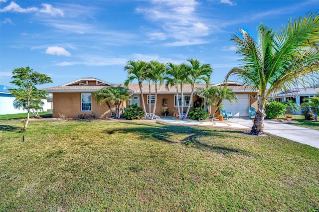 single story home with stucco siding, driveway, a front lawn, and a garage