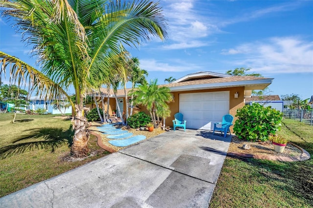 ranch-style home with fence, an attached garage, stucco siding, concrete driveway, and a front lawn