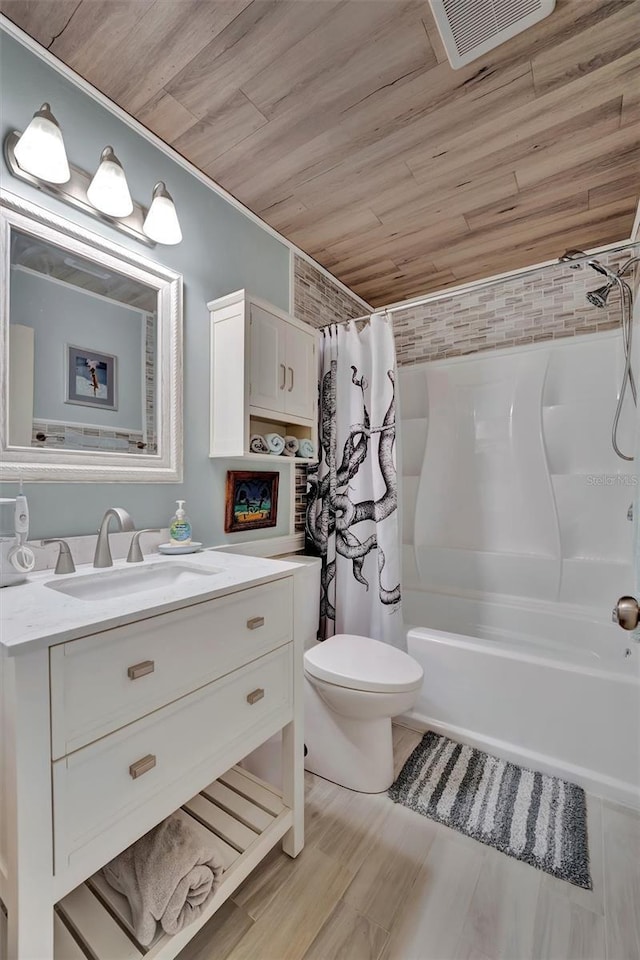 bathroom with visible vents, toilet, wooden ceiling, shower / bath combination with curtain, and vanity