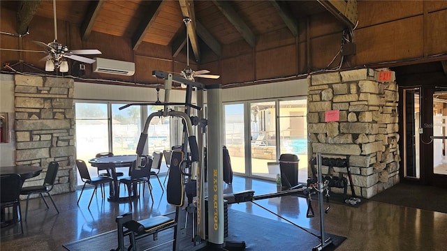 exercise room featuring high vaulted ceiling, wood ceiling, ceiling fan, and a wall unit AC