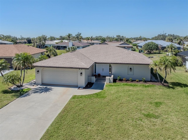 1602 Jim Jim Ct, Venice, FL 34293 - ranch-style house with an attached garage, concrete driveway, a front yard, roof with shingles, and a residential view