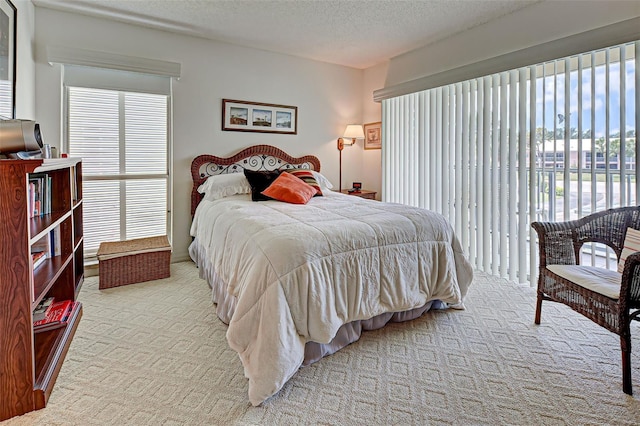 carpeted bedroom featuring access to exterior, multiple windows, and a textured ceiling