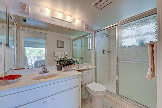 full bathroom with visible vents, a shower stall, connected bathroom, toilet, and tile patterned floors