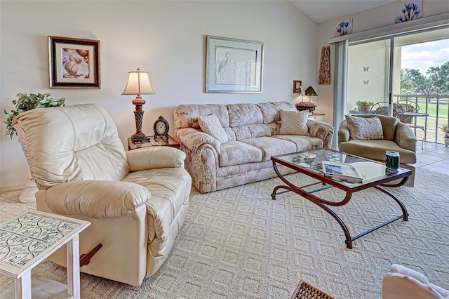 living room with lofted ceiling