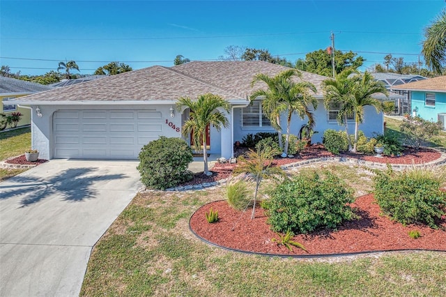 single story home featuring stucco siding, an attached garage, concrete driveway, and a shingled roof