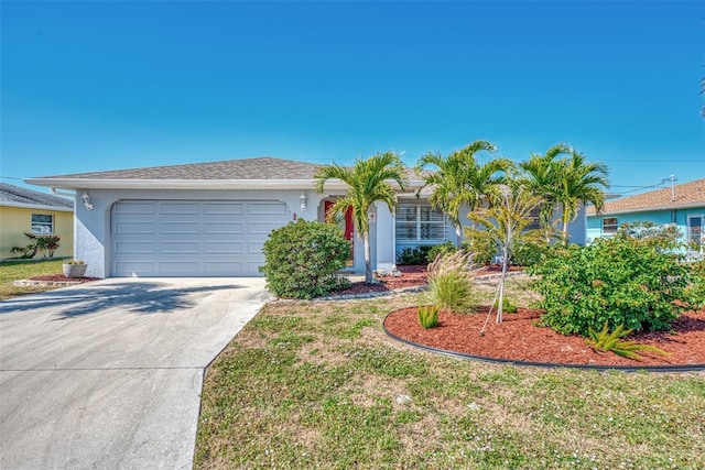 ranch-style home with stucco siding, driveway, a front lawn, and an attached garage