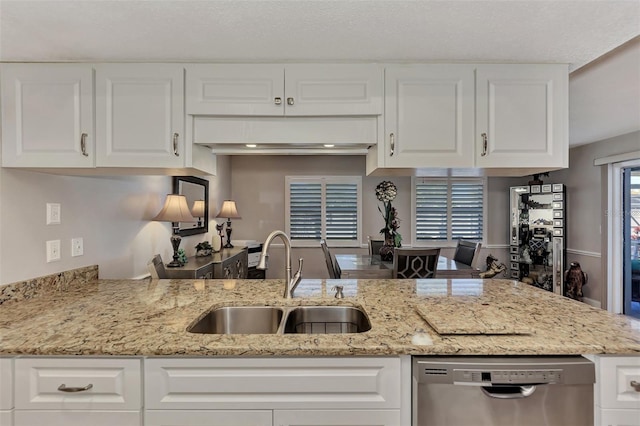 kitchen with a sink, light stone countertops, stainless steel dishwasher, and white cabinets