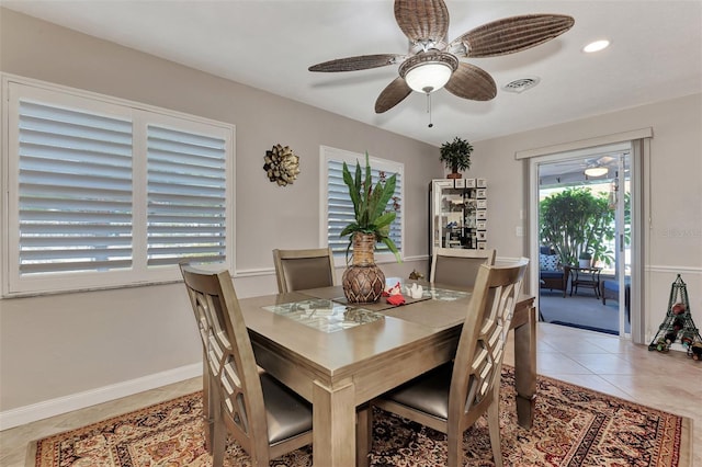 dining area with a ceiling fan, visible vents, baseboards, light tile patterned flooring, and recessed lighting