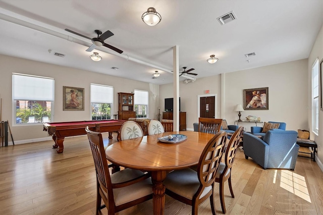 dining space with visible vents, billiards, light wood-style flooring, and a ceiling fan