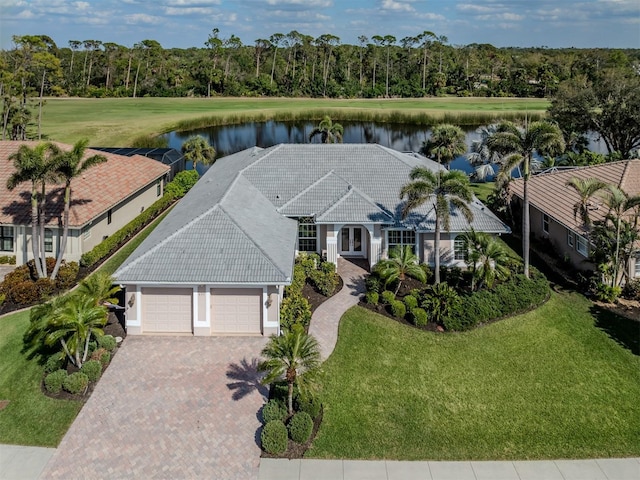 aerial view with a water view