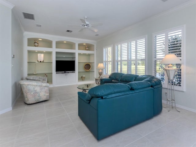 living area featuring light tile patterned floors, a ceiling fan, visible vents, and ornamental molding