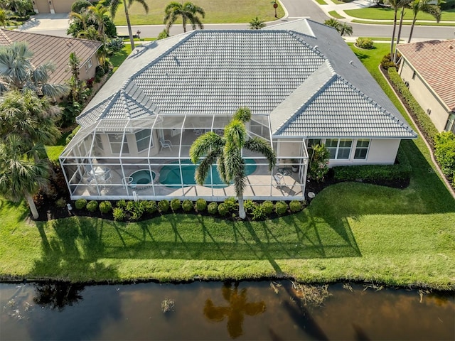 drone / aerial view featuring a water view