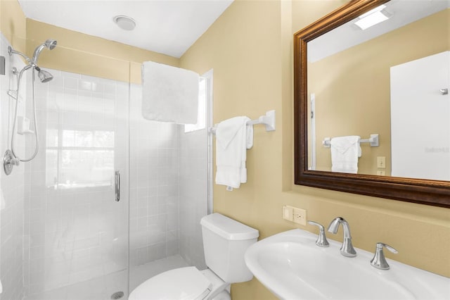 bathroom featuring a stall shower, toilet, and a sink