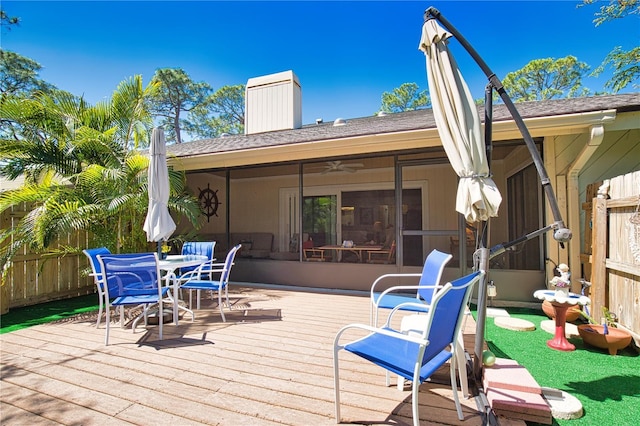 deck with outdoor dining space and fence