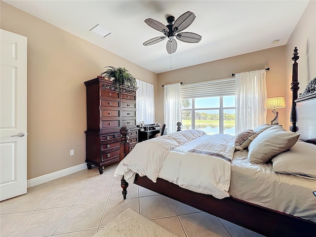 23901 Waverly Cir, Venice, FL 34293 - bedroom featuring baseboards, a ceiling fan, light tile patterned floors, and a water view