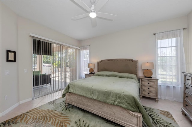 bedroom with light tile patterned floors, baseboards, ceiling fan, and access to outside