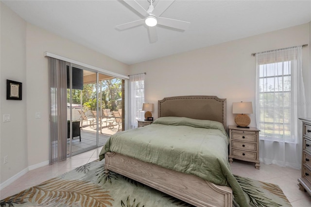 bedroom featuring access to exterior, light tile patterned floors, baseboards, and a ceiling fan