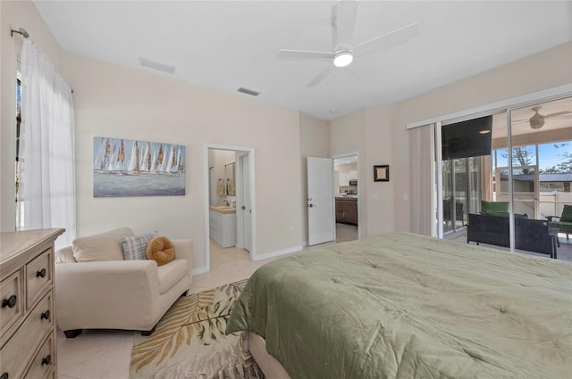 bedroom featuring access to exterior, light tile patterned floors, and visible vents