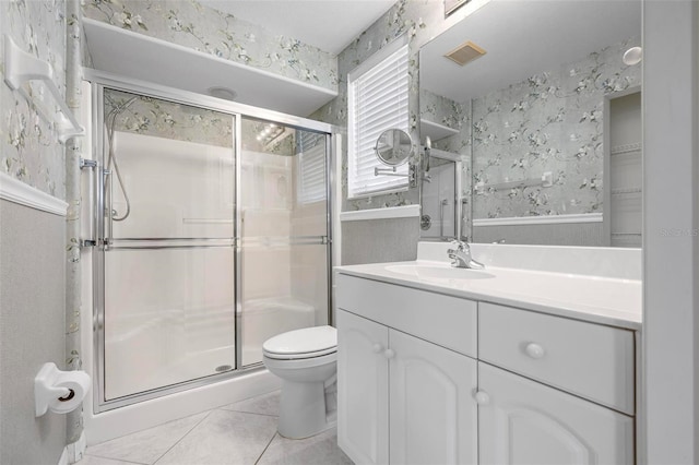 bathroom with visible vents, a shower stall, wallpapered walls, and toilet