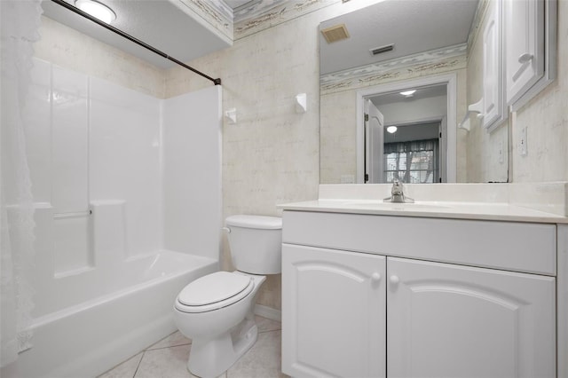 full bath featuring visible vents, toilet, shower / bathing tub combination, tile patterned floors, and vanity