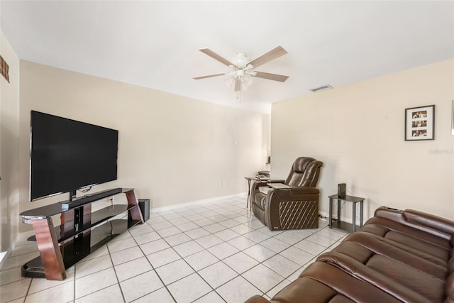 living room featuring light tile patterned flooring, visible vents, baseboards, and a ceiling fan