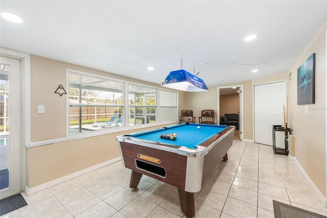 playroom with light tile patterned floors, baseboards, recessed lighting, and pool table