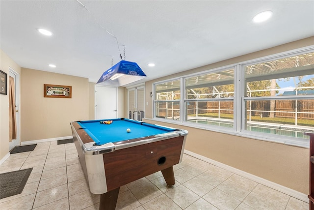 playroom with light tile patterned floors, recessed lighting, pool table, and baseboards