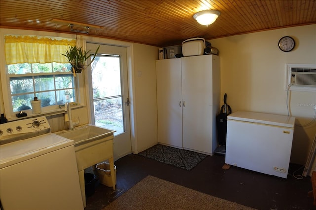 laundry room with laundry area, washer / clothes dryer, wood ceiling, and a wall unit AC