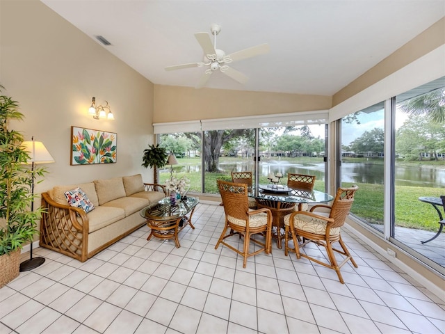 sunroom / solarium with visible vents and a water view