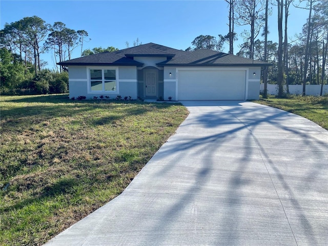 single story home featuring stucco siding, driveway, a front lawn, and a garage