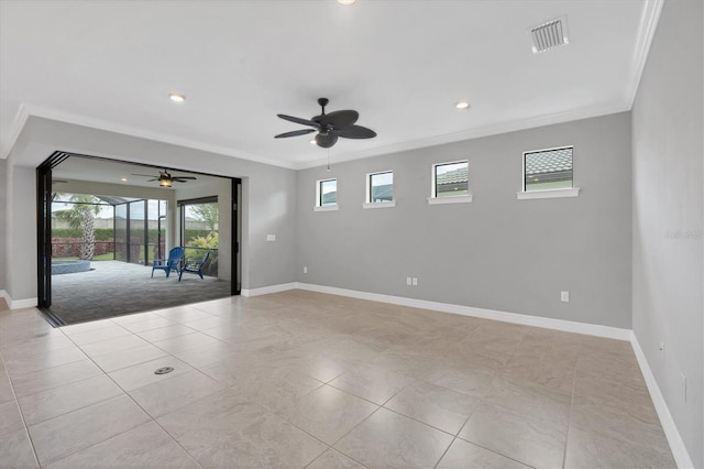 unfurnished room with visible vents, ornamental molding, recessed lighting, baseboards, and ceiling fan