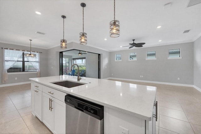 kitchen with visible vents, dishwasher, ceiling fan, and a sink